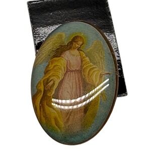 Vintage Image‎ Angel Religious Pin Gold Tone Oval Lapel Brooch Spiritual Jewelry
